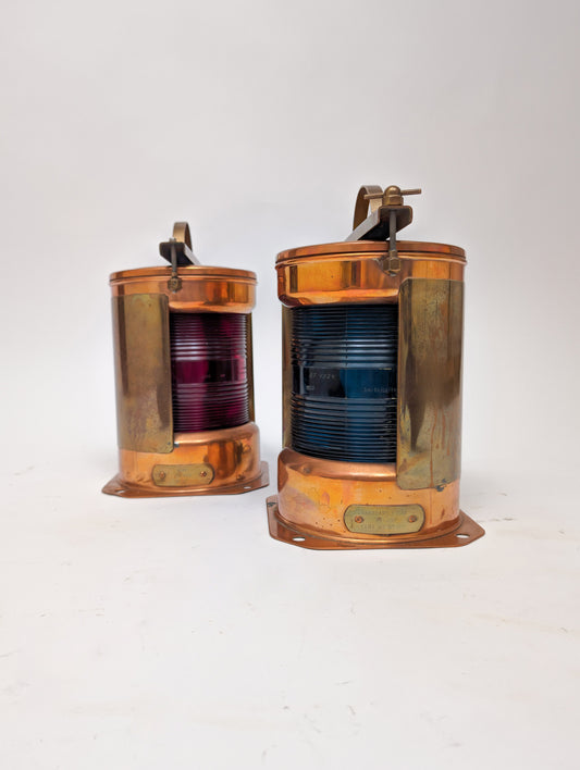 Pair of Port and Starboard Copper Ship's Navigational Lights, Midcentury