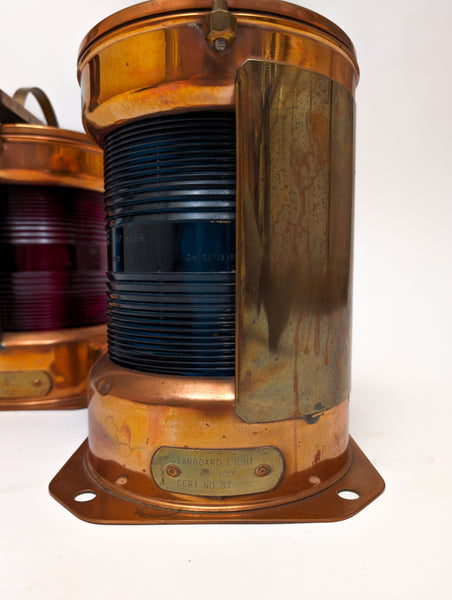 Pair of Port and Starboard Copper Ship's Navigational Lights, Midcentury