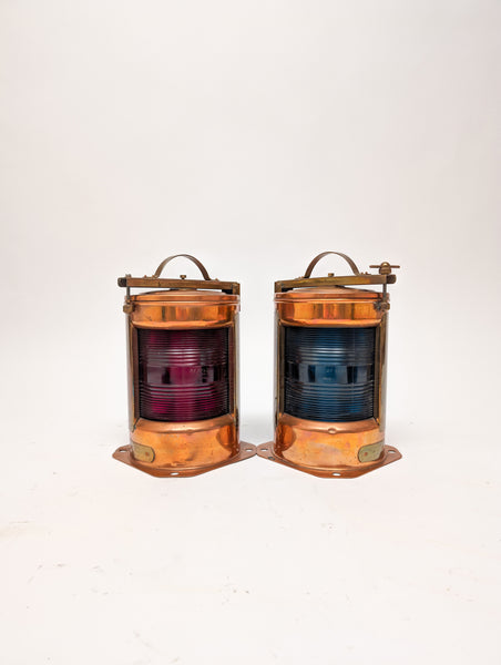 Pair of Port and Starboard Copper Ship's Navigational Lights, Midcentury