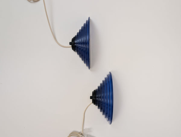 Pair of 80's Art Deco Inspired Sconces With Cobalt Blue Glass Shades