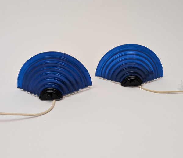 Pair of 80's Art Deco Inspired Sconces With Cobalt Blue Glass Shades