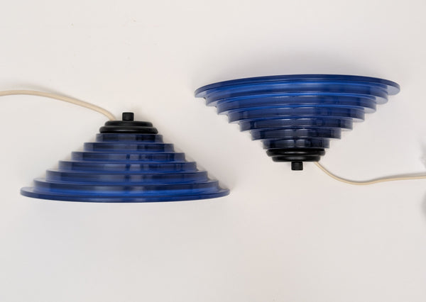 Pair of 80's Art Deco Inspired Sconces With Cobalt Blue Glass Shades