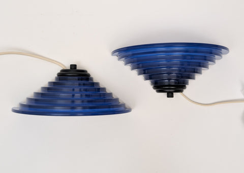 Pair of 80's Art Deco Inspired Sconces With Cobalt Blue Glass Shades