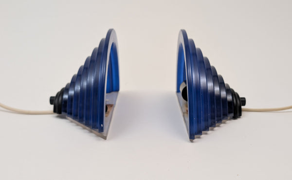 Pair of 80's Art Deco Inspired Sconces With Cobalt Blue Glass Shades