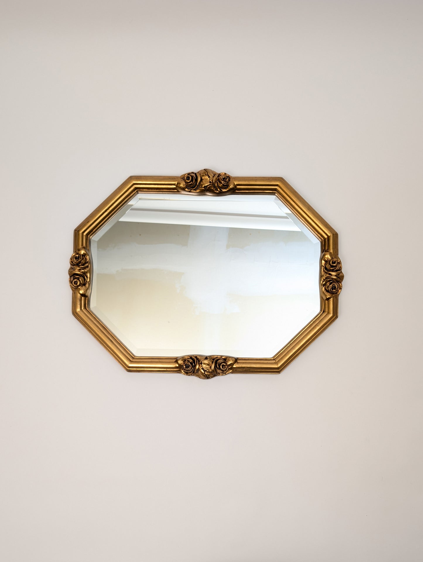 Vintage Octagonal Gilt Beveled Glass Mirror With Flowers