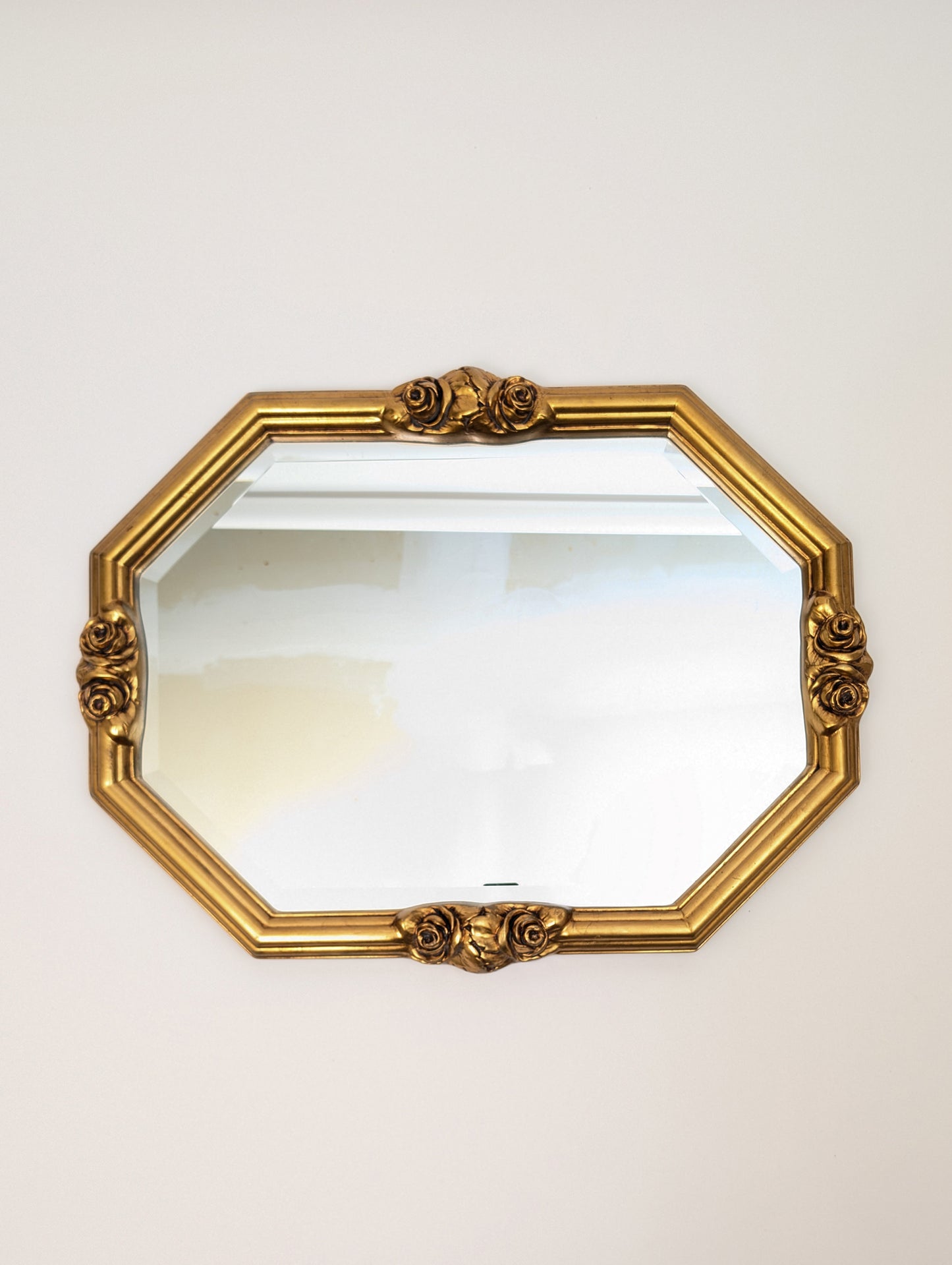 Vintage Octagonal Gilt Beveled Glass Mirror With Flowers