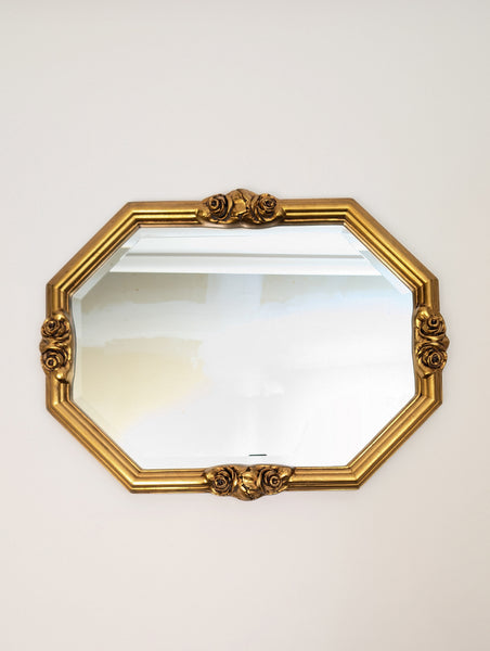 Vintage Octagonal Gilt Beveled Glass Mirror With Flowers