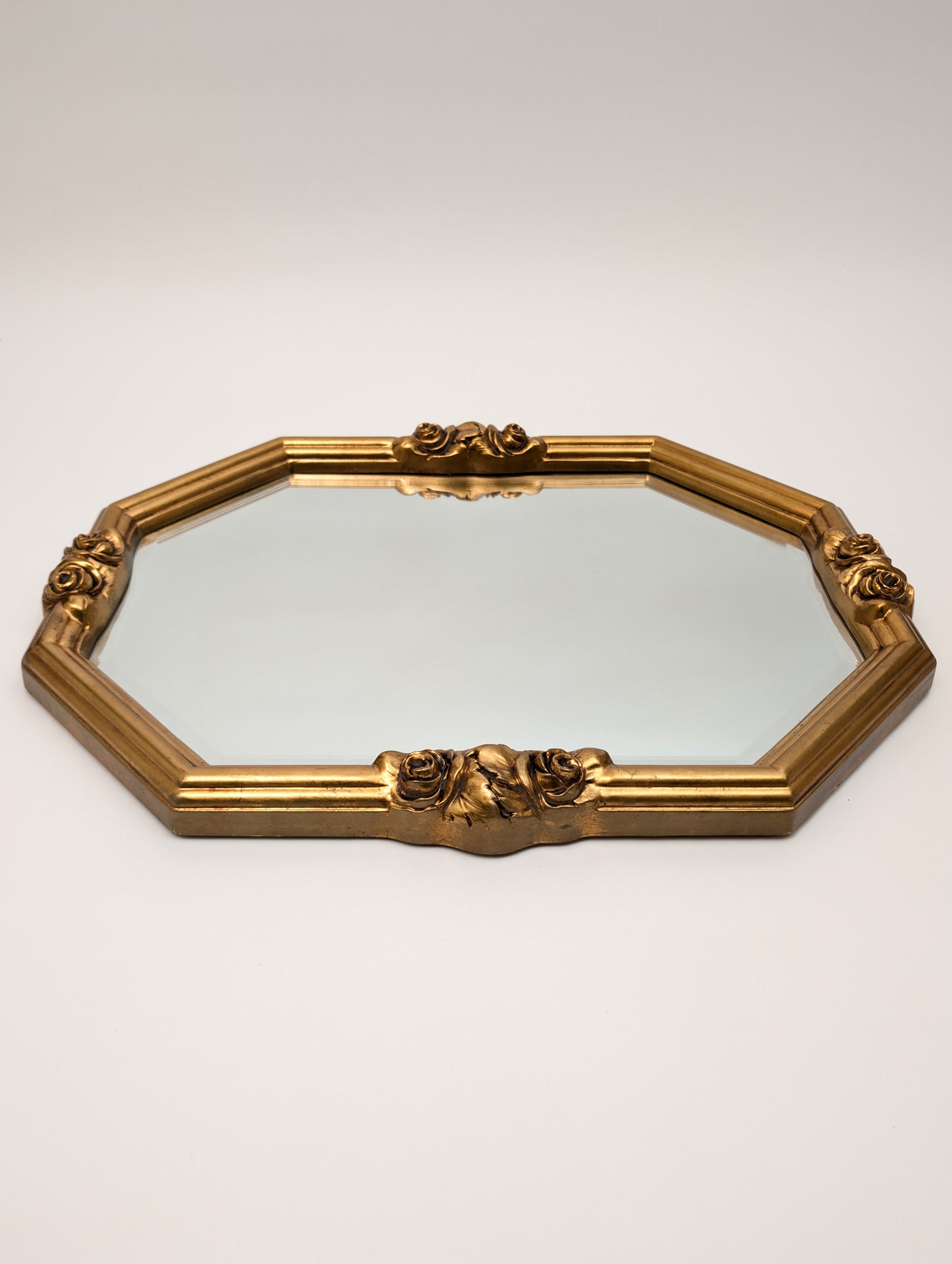 Vintage Octagonal Gilt Beveled Glass Mirror With Flowers