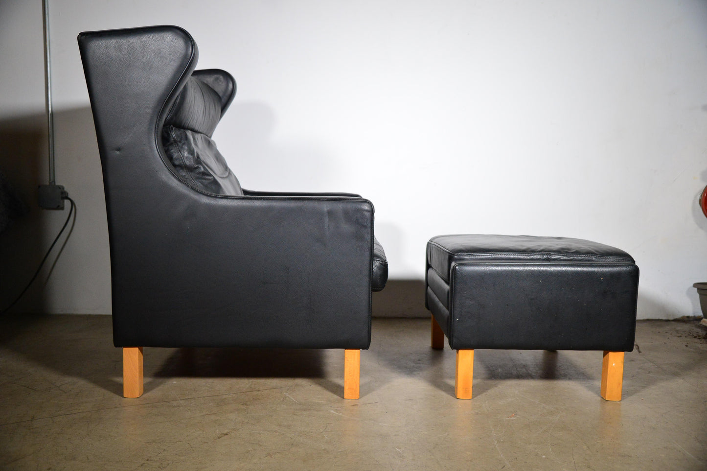 1960s Vintage Danish Borge Mogensen Style Black Leather Chair and Ottoman