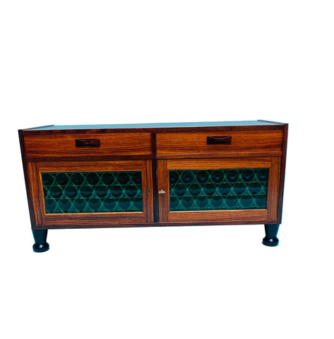 Swedish mid-century  rosewood credenza with glass bottle doors