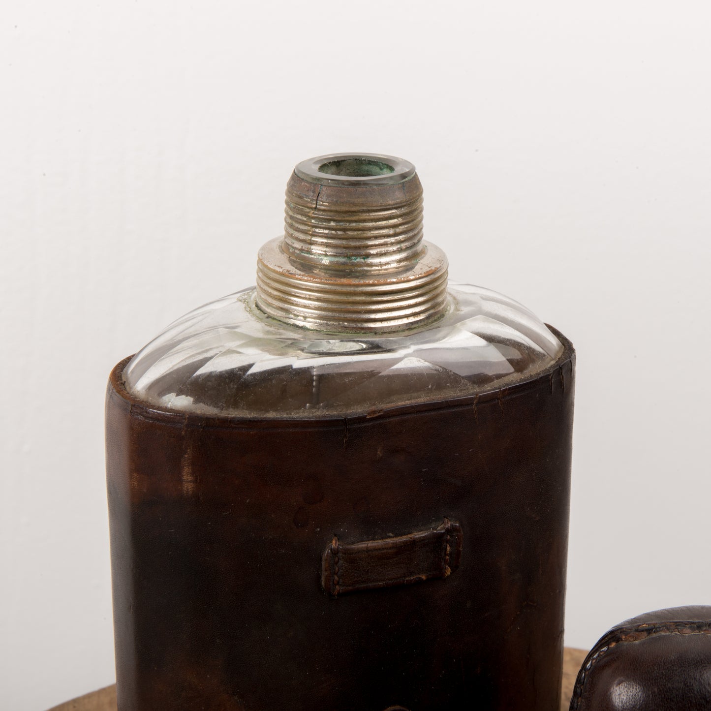LEATHER & GLASS FLASK  Chrome Cup Original Cork in Pewter Cap Textured Brown Leather Jacket 1920's