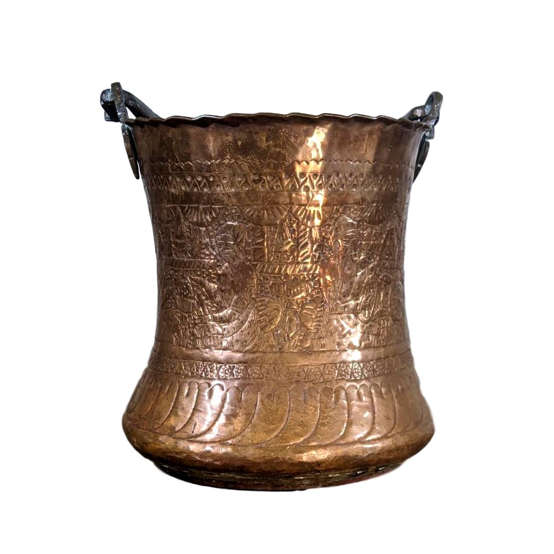 Large Safavid Etched Copper Bucket, Persia, 18th Century