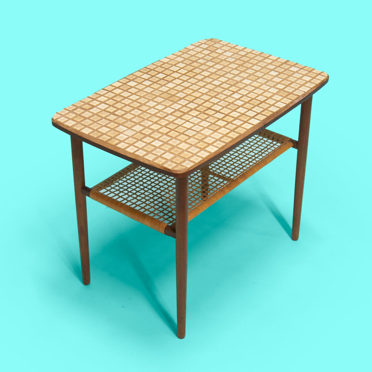 Mid-Century Danish tile top side table with rattan lower level